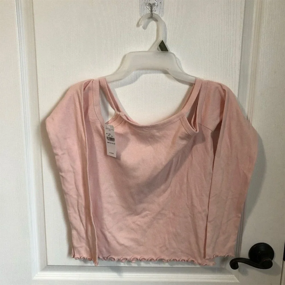 American Eagle Kids Pink Ribbed Cold Shoulder Lettuce Hem Top Size 16 13-14Y NWT